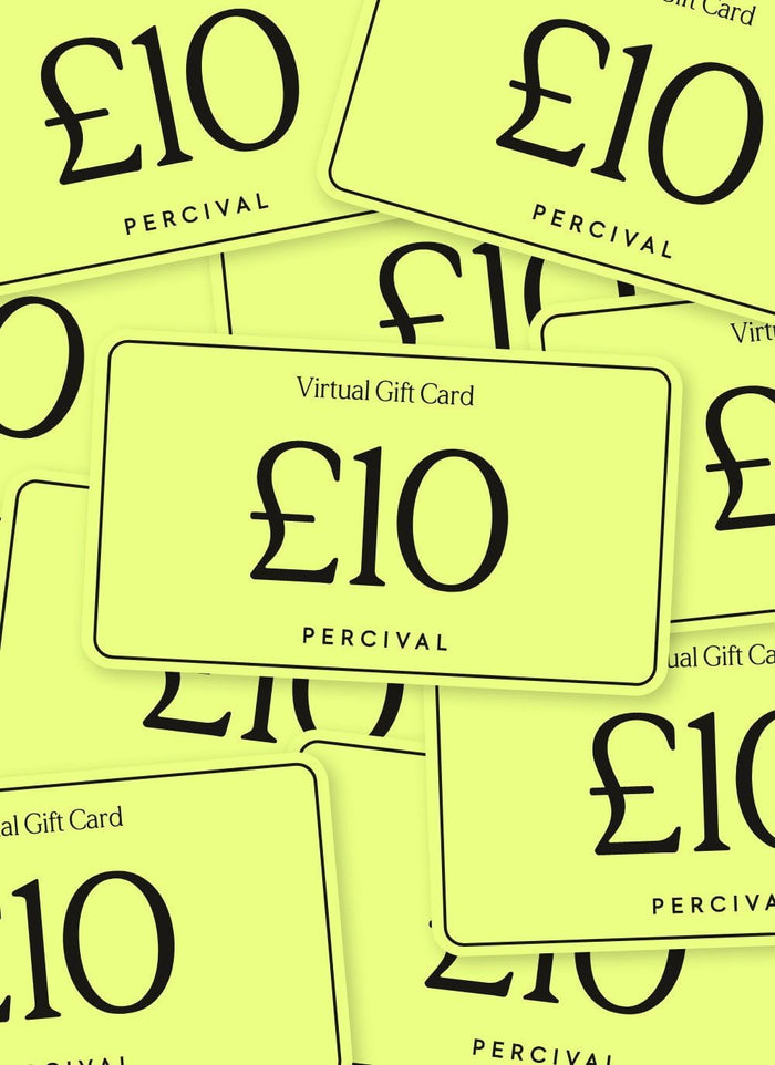 A graphic showing multiple lime green Percival £10 virtual gift cards scattered.