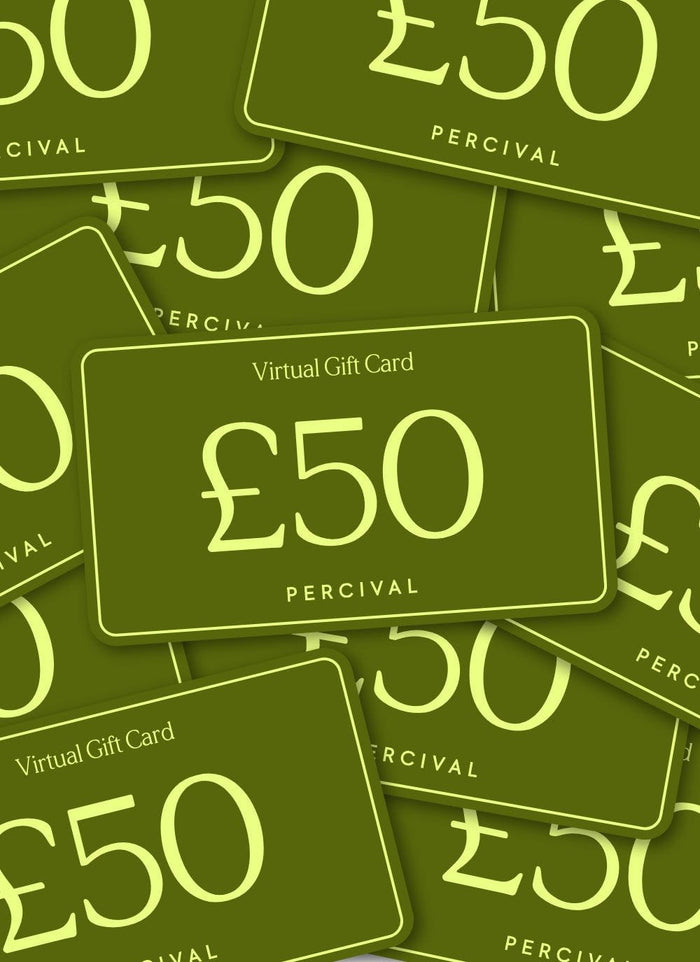 A pile of olive green £50 Percival digital gift cards.