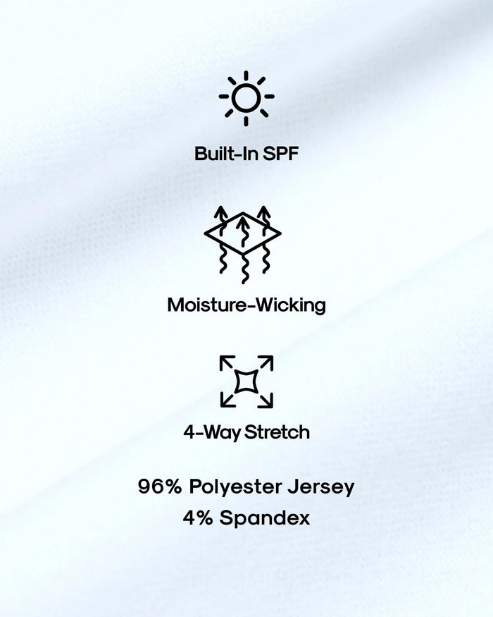 White Active Crew Neck Tee with SPF, moisture-wicking, and 4-way stretch features.