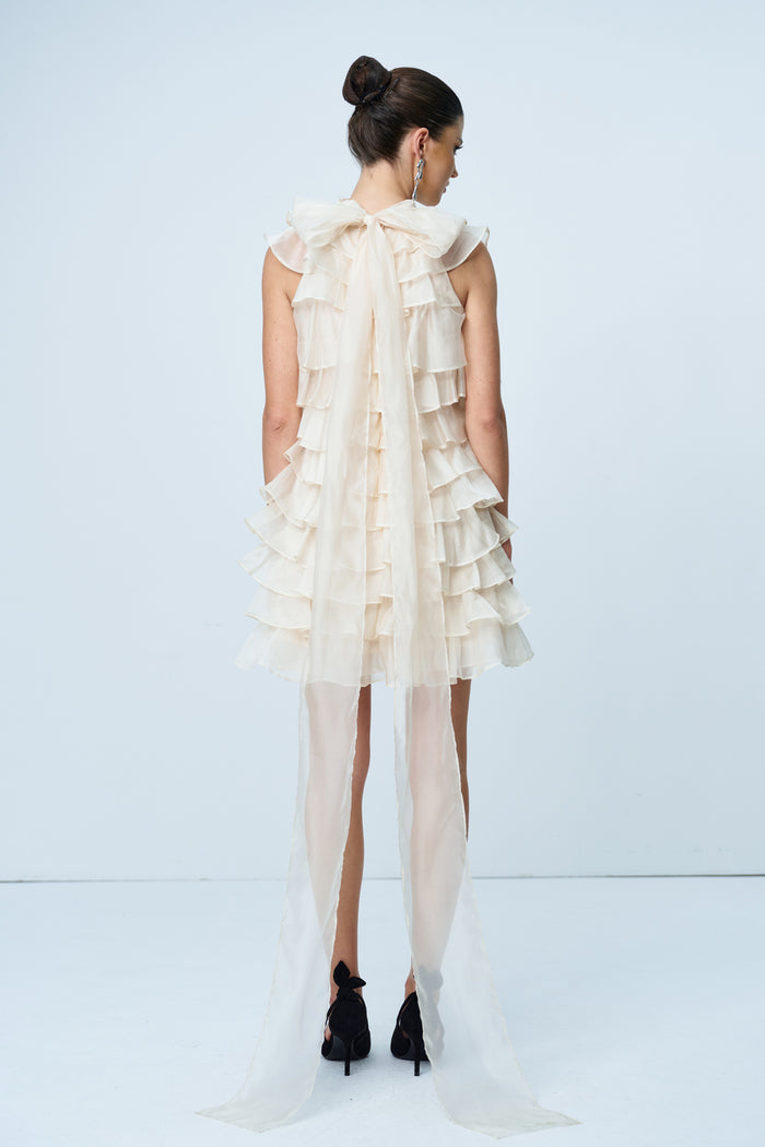 Ames Ruffle Ruch Sleeveless Mini Dress In Apricot