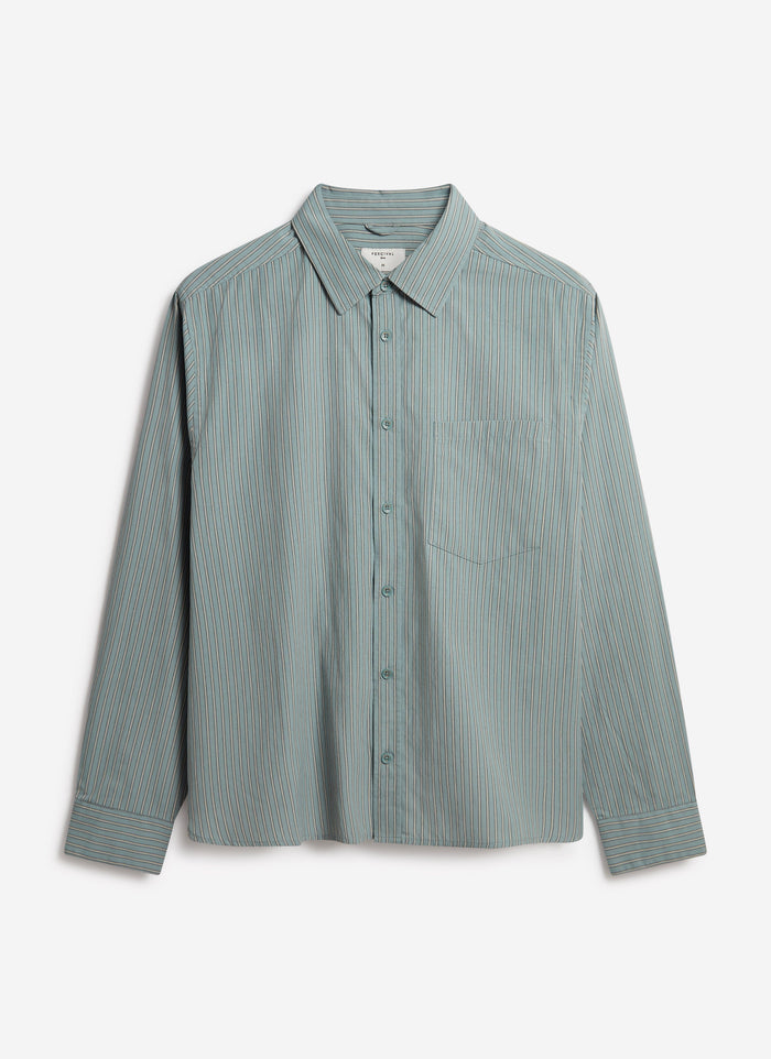 Percival Clancy Striped Long Sleeve Shirt in blue, a cotton blend with a chest pocket, shot flat against a white background.
