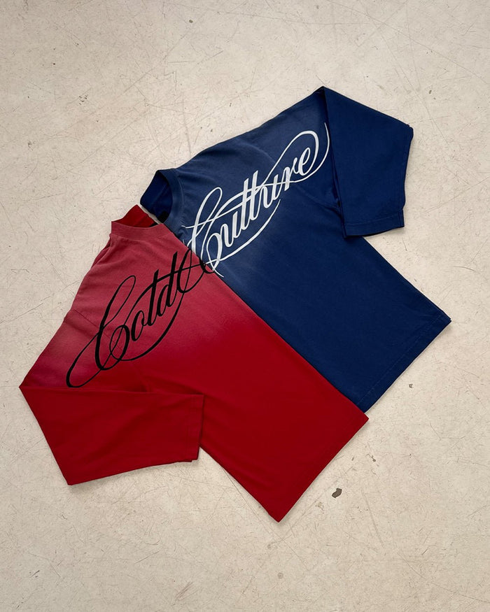 CROSSED SCRIPT LONGSLEEVE VIBRANT BLUE - washed blue script print longsleeve tee, flat lay with matching pieces - Cold Culture