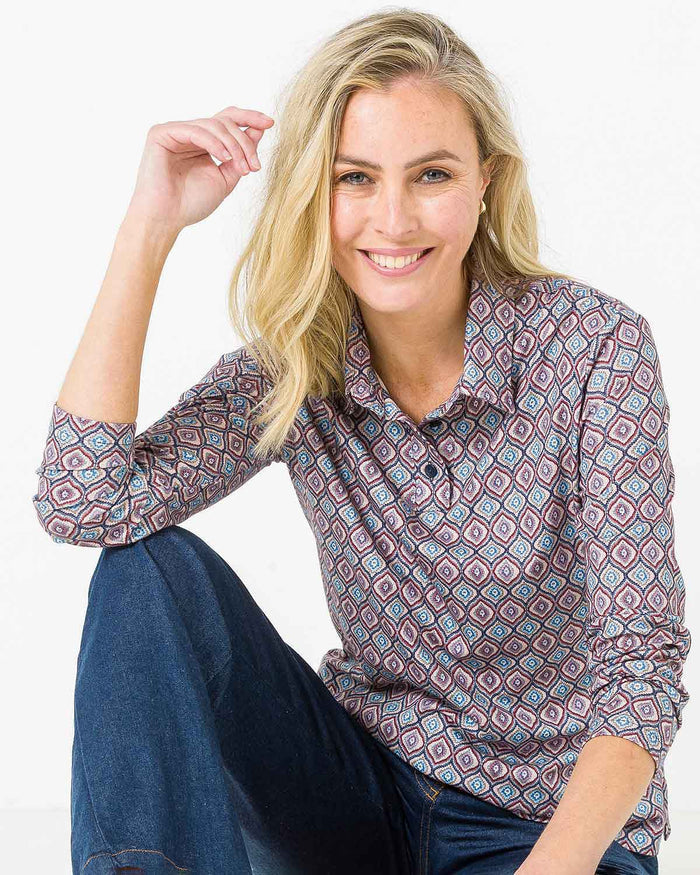 Darcie Patterned Cotton Long Sleeved Polo Top - The Classic Boutique