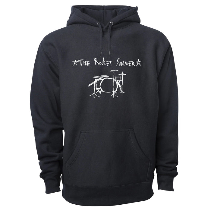 A black pullover hoodie by The Rocket Summer featuring a white drum set graphic and handwritten-style logo above it. Made from soft cotton/poly fleece, it includes a front pocket and drawstring hood for comfort.