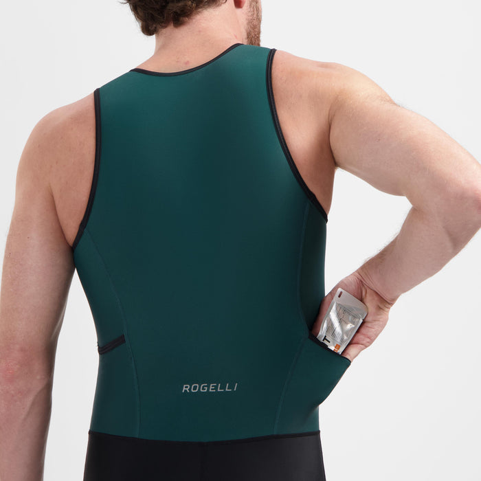 Detail van Florida triathlonpak zonder mouwen zwart en donkergroen achterkant met zakken.