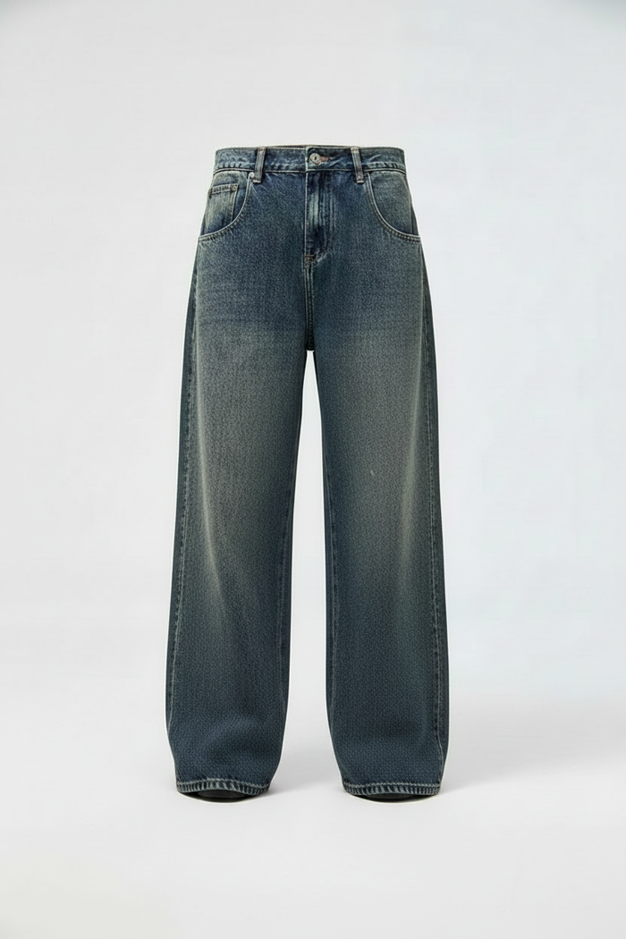 Grand Blue Jean wide-leg denim, ghost mannequin, white studio background