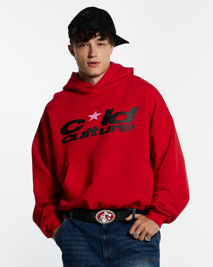 HARPER HOODIE OFF RED - red graphic print hoodie, front view on male model - Cold Culture #man