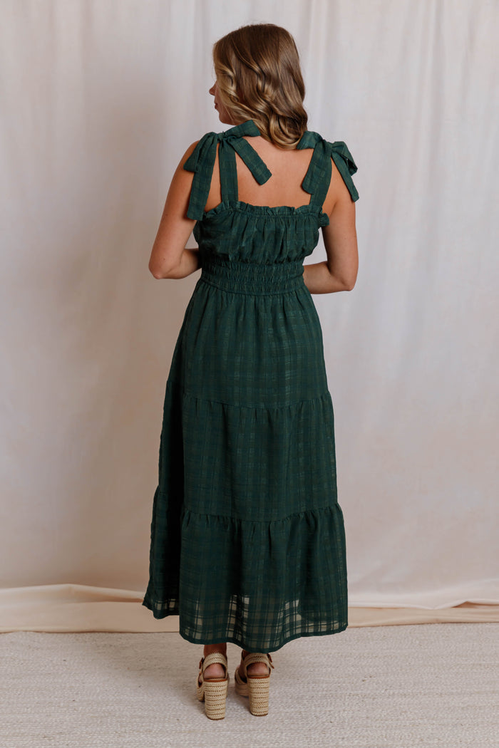 Hunter Green Midi Dress- Women's Tie Strap Tiered Dress- Smocked Waist Fall Dress With Pockets