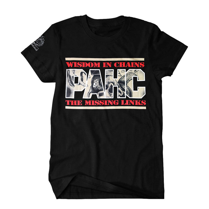 Wisdom In Chains black t-shirt with bold red text WISDOM IN CHAINS and THE MISSING LINKS, large block PAHC graphic, grayscale image inside letters, plus a small white sleeve design.
