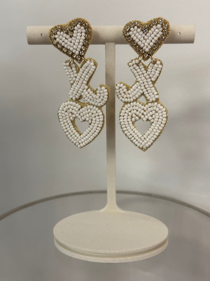 Valentines Earrings Beaded XO 3005 - White