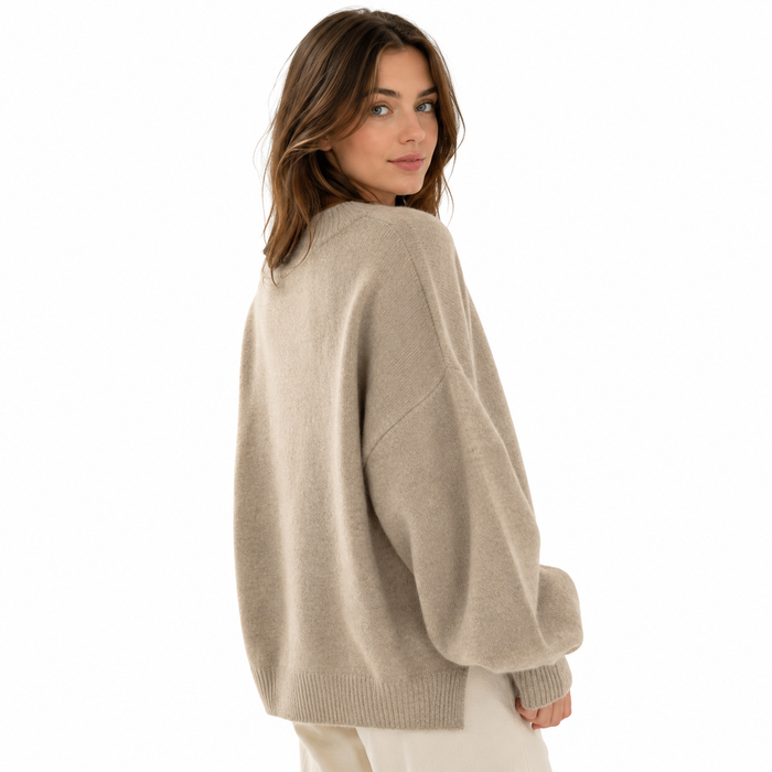 Wool Crew Neck Sweater for Women Chic Loose Lantern Fit