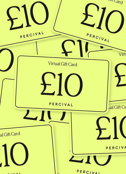 A graphic showing multiple lime green Percival £10 virtual gift cards scattered.