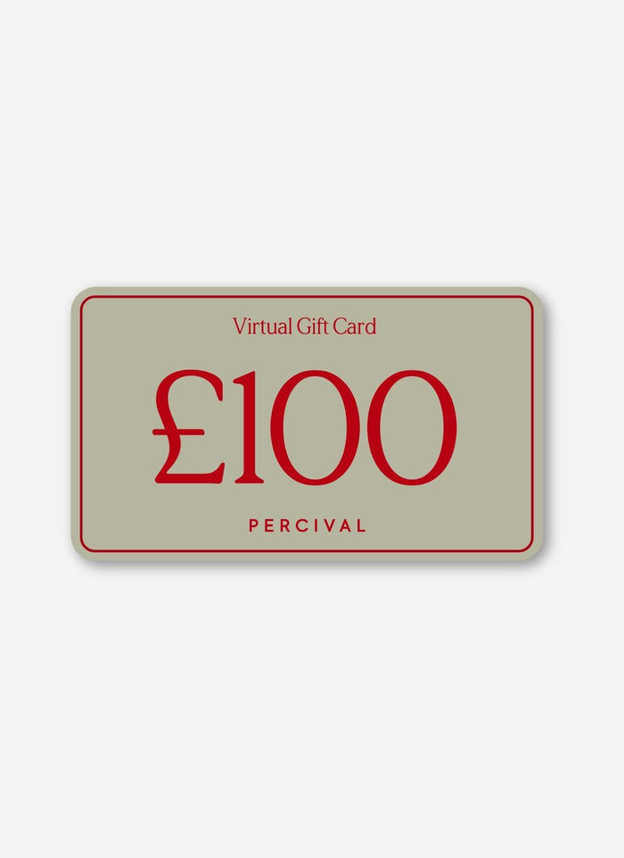 A Percival £100 virtual gift card shown in light green with red text and border, set against a plain light grey background.