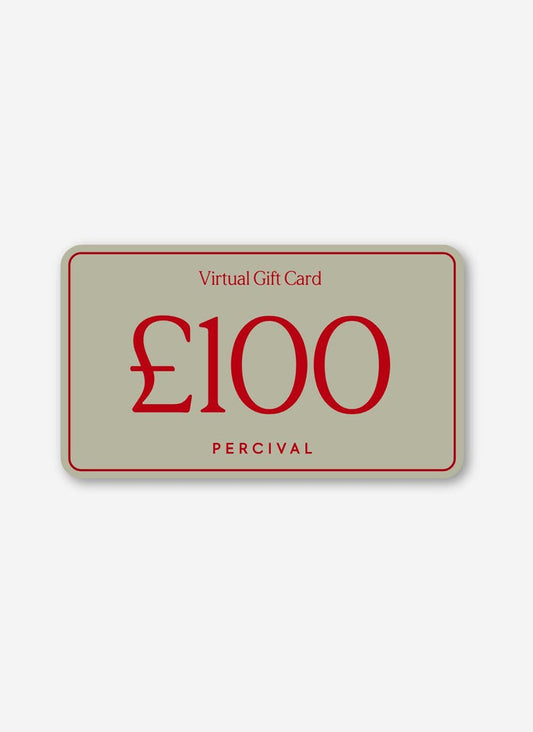 A Percival £100 virtual gift card shown in light green with red text and border, set against a plain light grey background.
