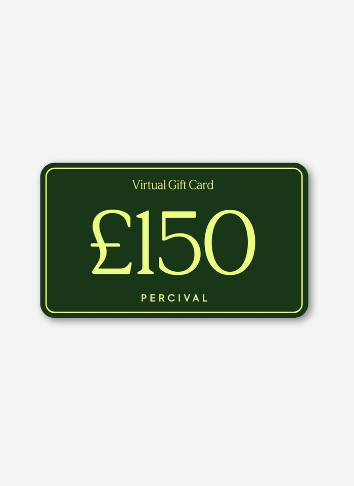 A dark green Percival digital gift card for £150 with light green text and border.