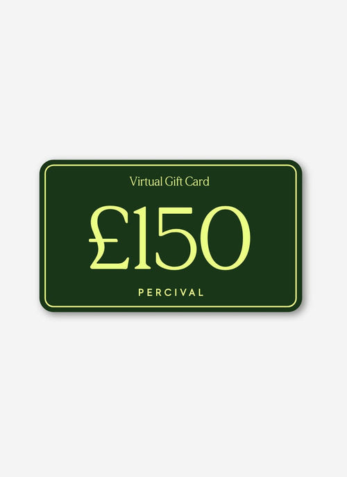 A dark green Percival digital gift card for £150 with light green text and border.