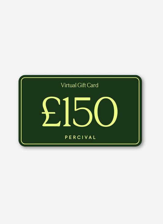 A dark green Percival digital gift card for £150 with light green text and border.