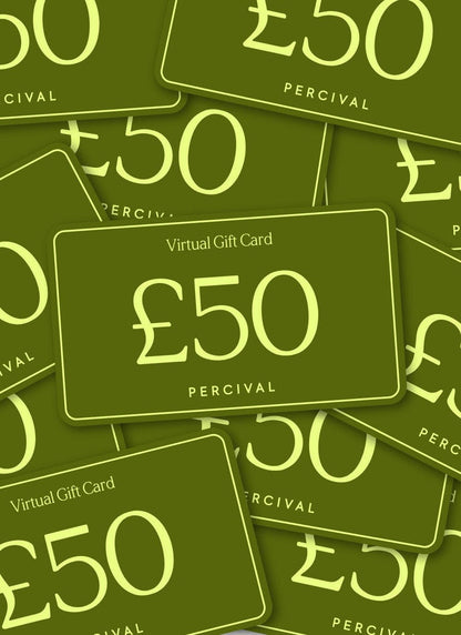 A pile of olive green £50 Percival digital gift cards.