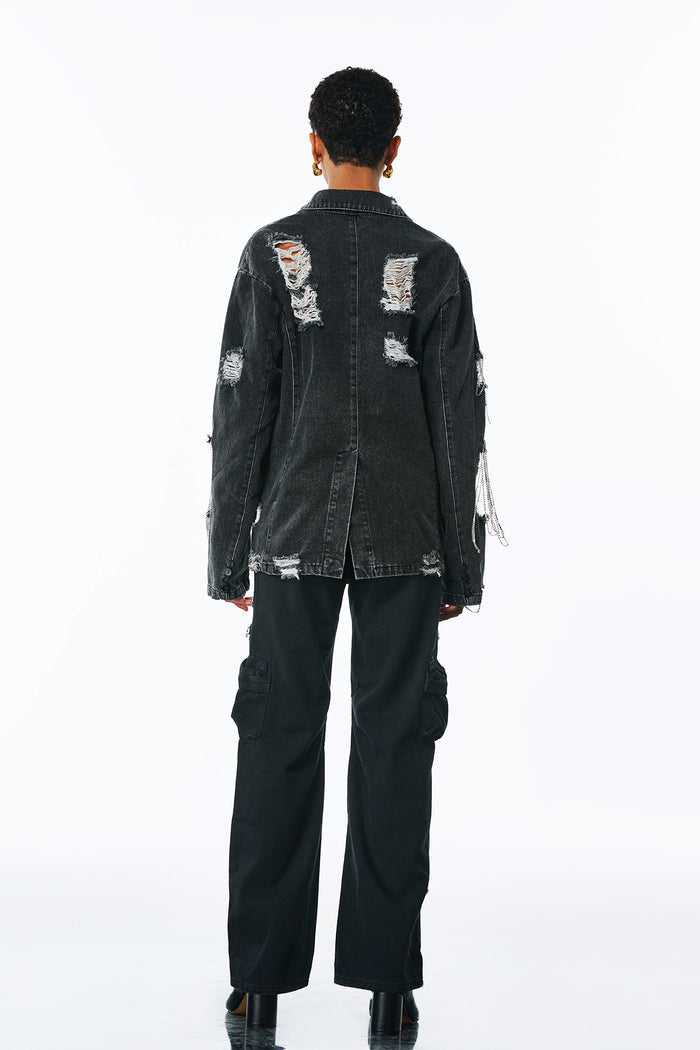Afton Rhinestone Chain Torn Denim Jacket