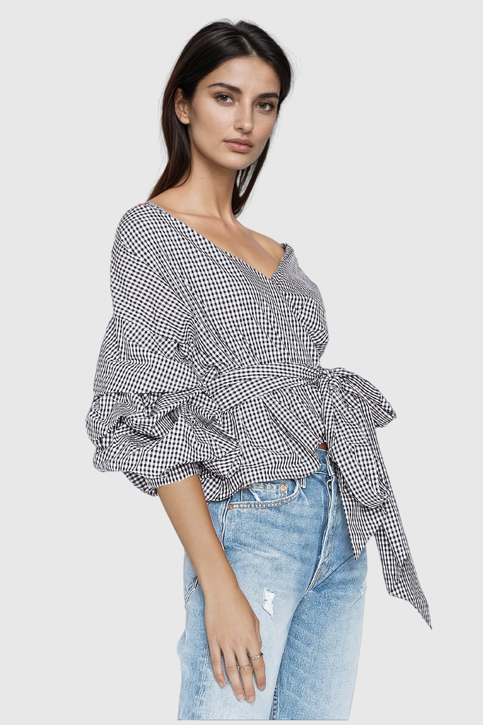 Alexi Grid Off Shoulder Lace Up Top