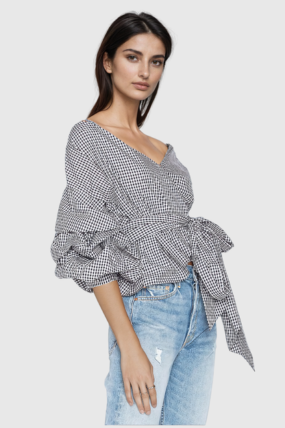 Alexi Grid Off Shoulder Lace Up Top