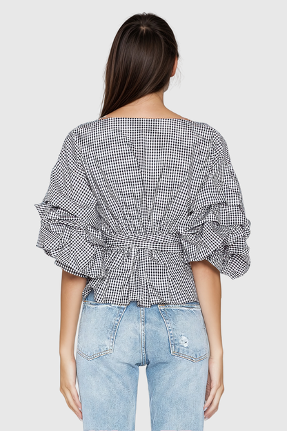 Alexi Grid Off Shoulder Lace Up Top