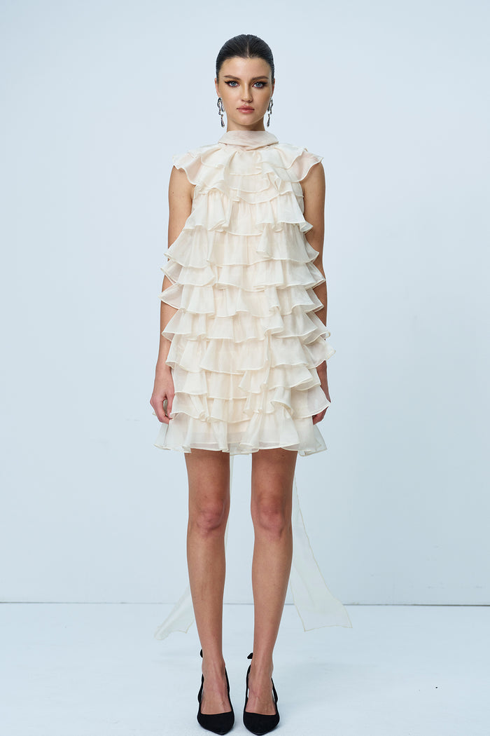 Ames Ruffle Ruch Sleeveless Mini Dress In Apricot