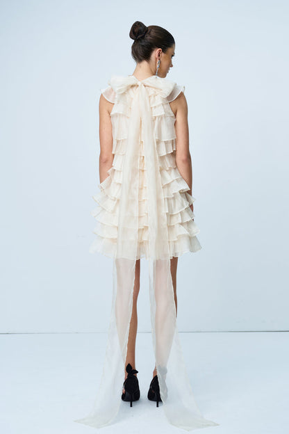 Ames Ruffle Ruch Sleeveless Mini Dress In Apricot
