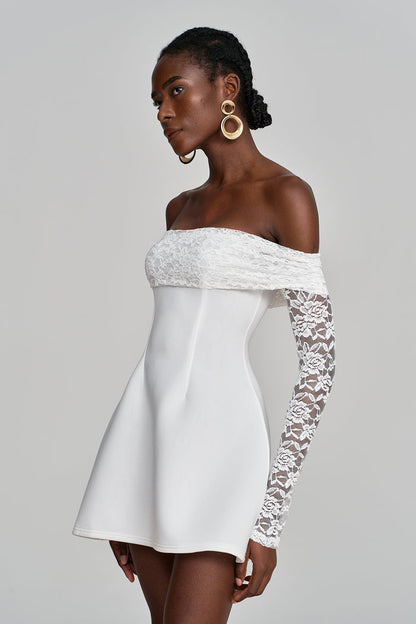 Amira Off Shoulder Lace Ruch Mini Dress