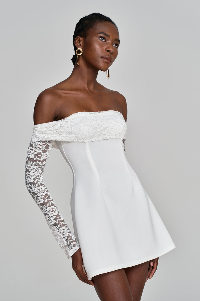 Amira Off Shoulder Lace Ruch Mini Dress