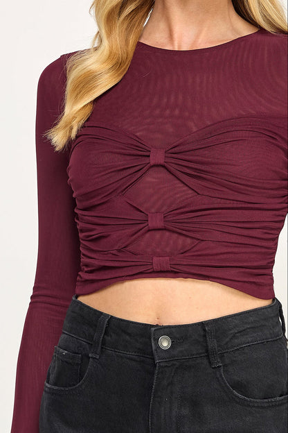 Amora Bandeau Top - Sheer Mesh Long Sleeve Ruched Detail