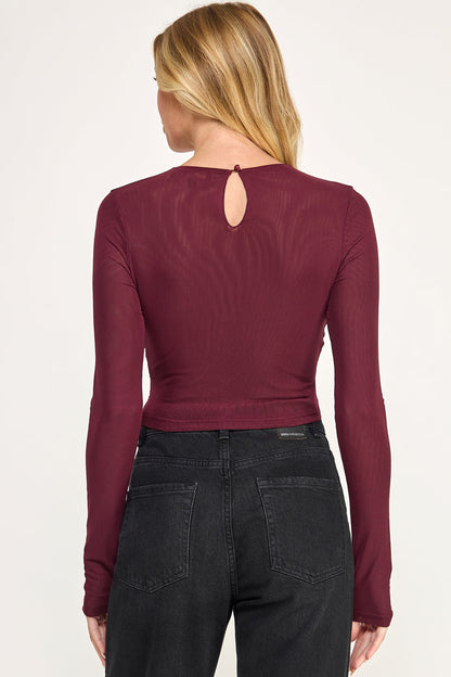 Amora Bandeau Top - Sheer Mesh Long Sleeve Ruched Detail