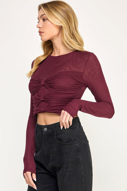 Amora Bandeau Top - Sheer Mesh Long Sleeve Ruched Detail