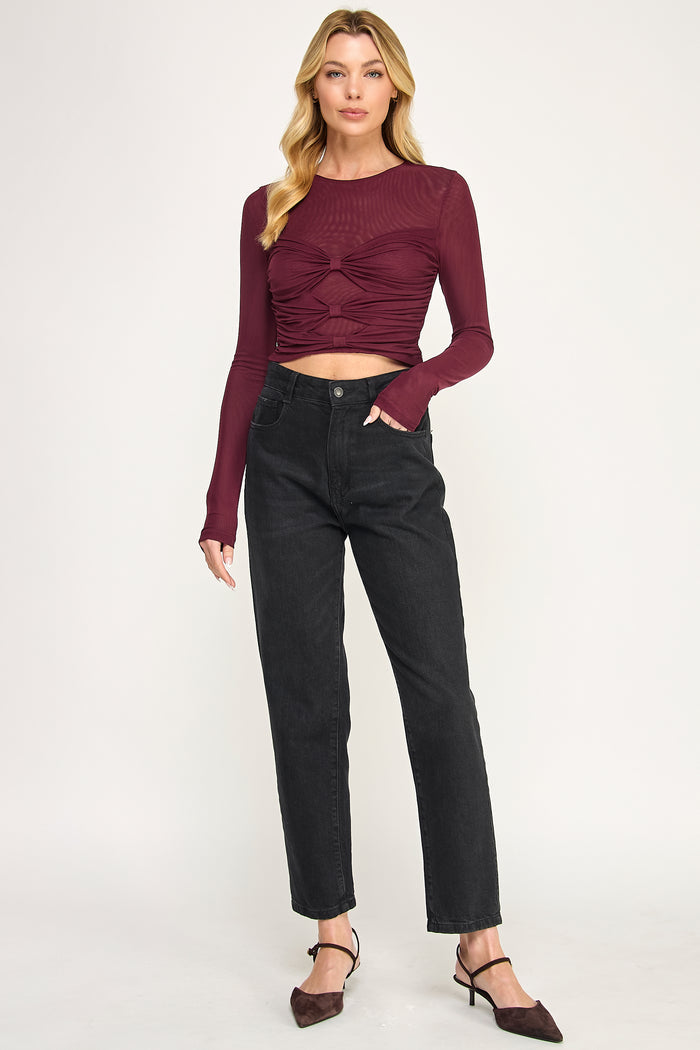 Amora Bandeau Top - Sheer Mesh Long Sleeve Ruched Detail