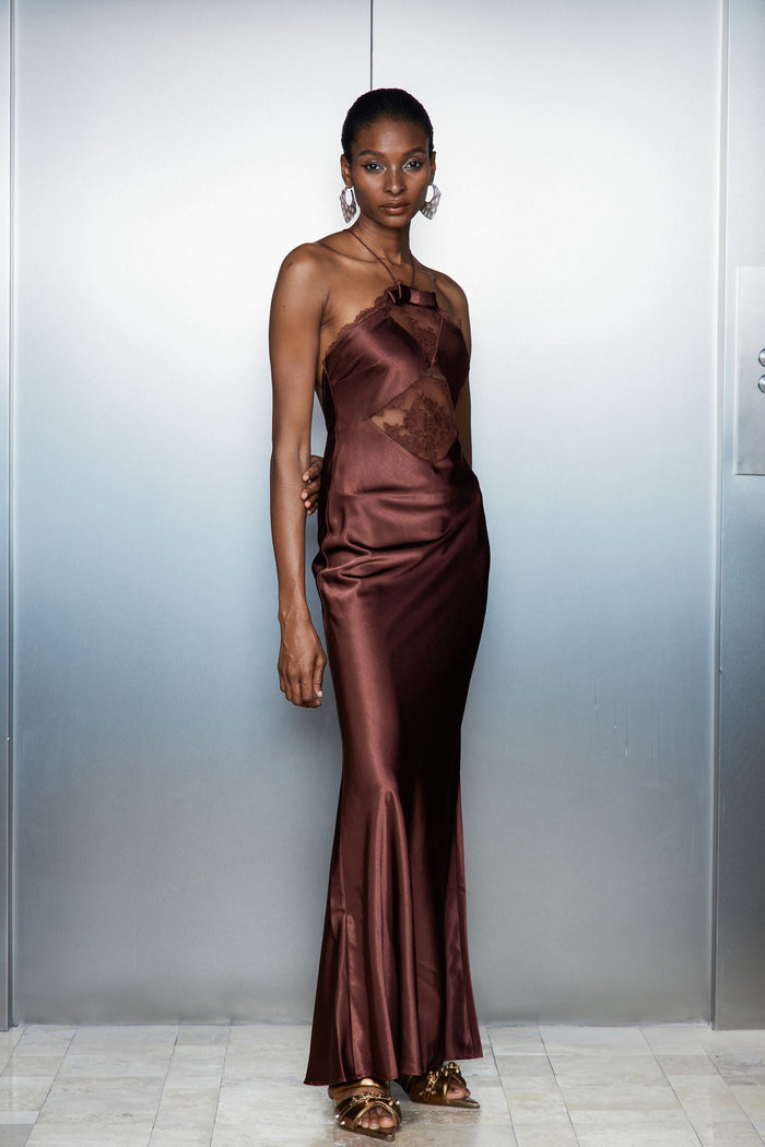 Anevay Lace Halter Neck Satin Maxi Dress