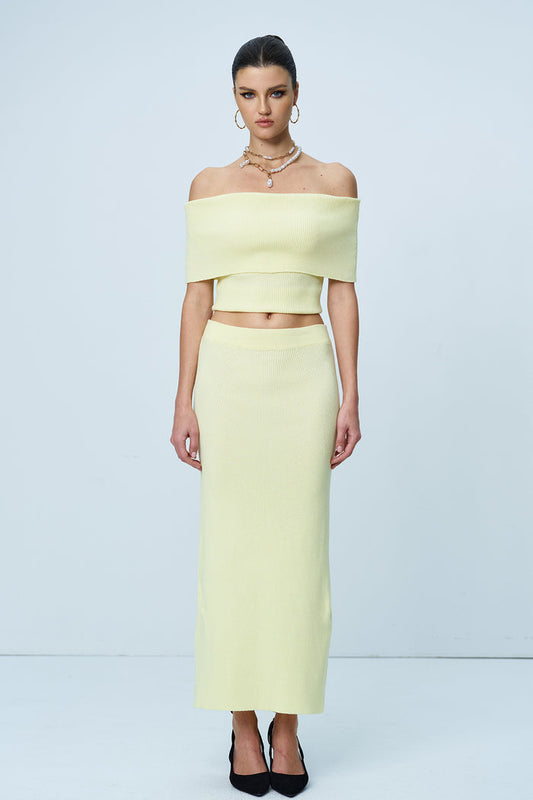 Aniston Strapless Ruch Split Knit Skirt Set In Yellow