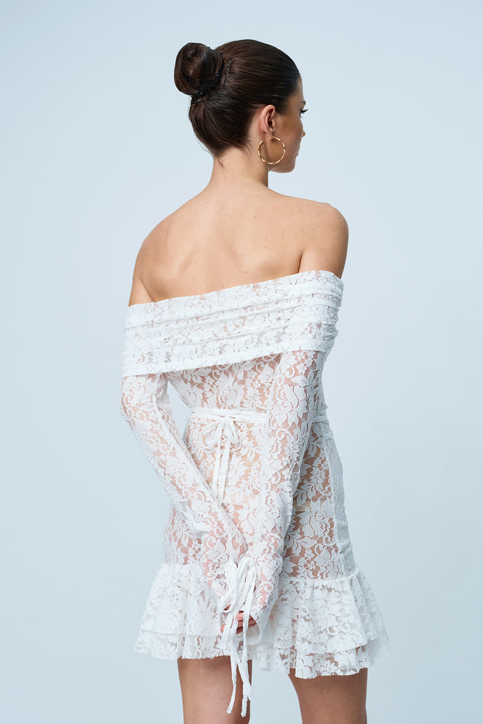 Annabelle Lace Ruffle Lace Up Cutout Mini Dress