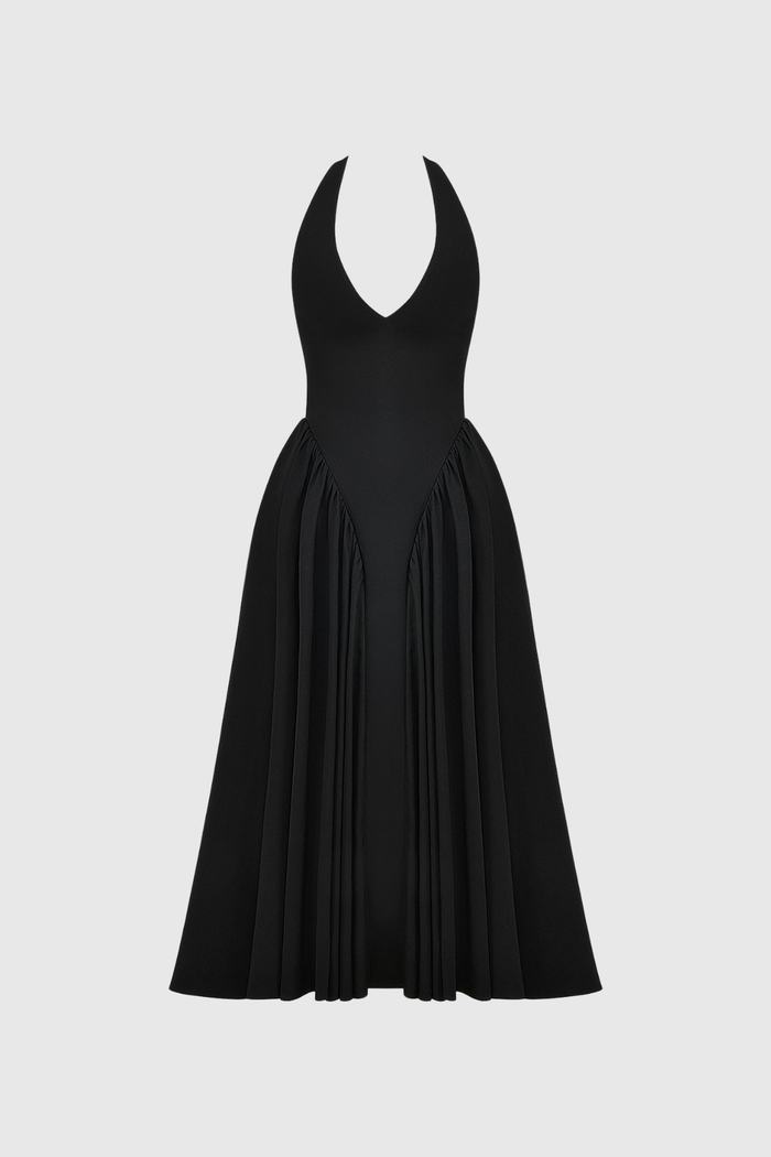 Annlea Halter Neck Bodycon Ruffle Maxi Dress In Black