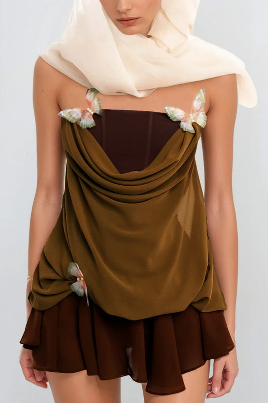 Ardelis Strapless Butterfly Mesh Ruffle Mini Dress