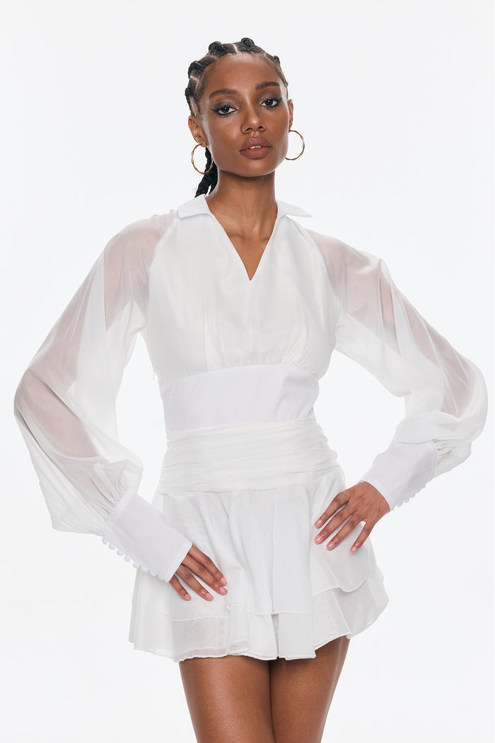 Bellachay Plunge Ruch Ruffle Mesh Mini Dress