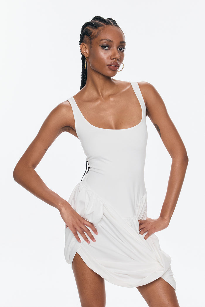 Bellamy Asymmetric Ruch Sleeveless Mini Dress