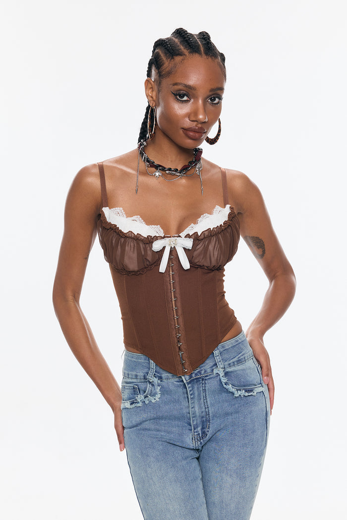 Bender Corset Lace Spaghetti Bodycon Top In Brown