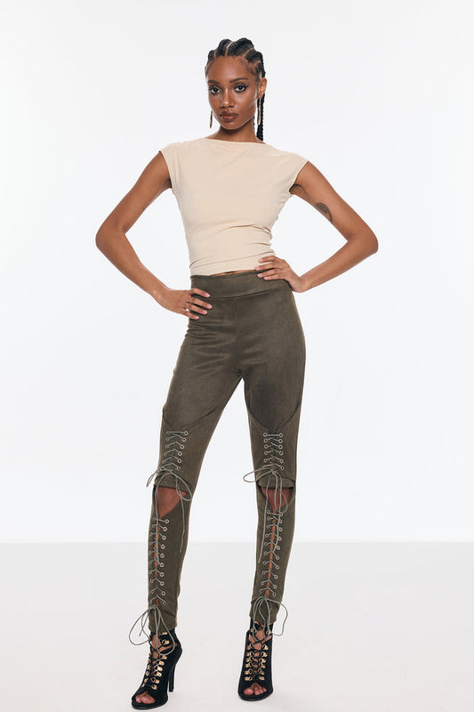 Benicio Suede Cutout Lace Up Bodycon Pants