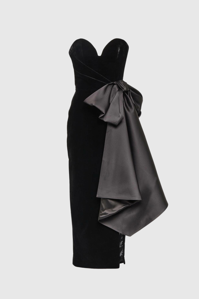 Beroe Strapless Asymmetric Bow Split Maxi Dress