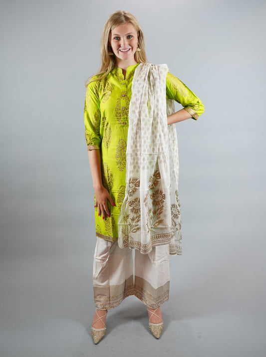 Block Printed Cotton Chartreuse Green Powder salwar Kameez