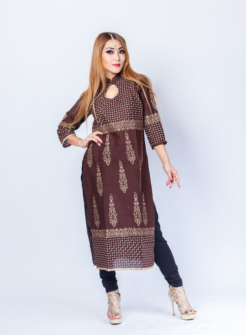 Block Printed Cotton Syrup Brown Kurta