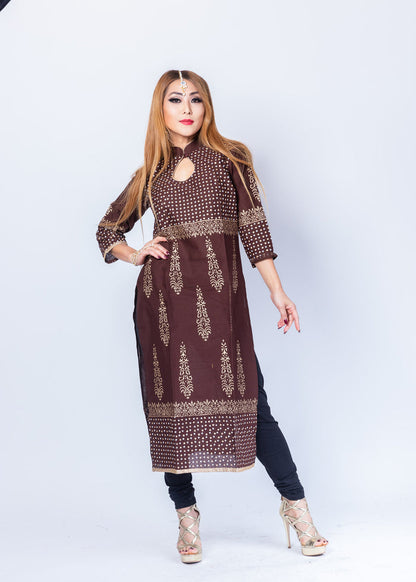 Block Printed Cotton Syrup Brown Kurta