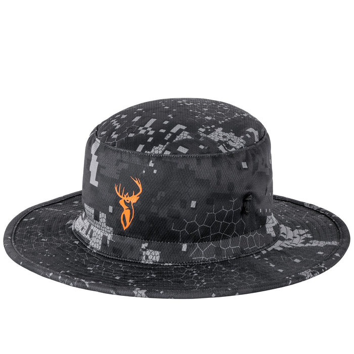 A camouflage boonie hat with a logo on the front.