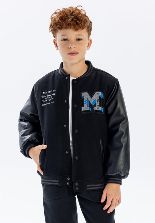 Baseball Jacket Black Faux Leather Sleeves, Sports - 1