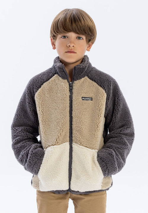 Boys sherpa fleece jacket in brown with cream pocket, front view.